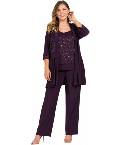 Mother of The Bride Plus Size Pant Suit| 3/4 Length Sleeves, and A Beautiful Blouse with A Lace Neckline Plum $49.39 Suits