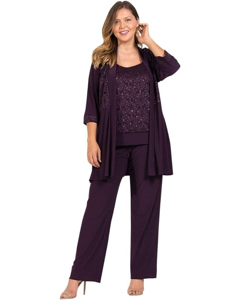 Mother of The Bride Plus Size Pant Suit| 3/4 Length Sleeves, and A Beautiful Blouse with A Lace Neckline Plum $49.39 Suits