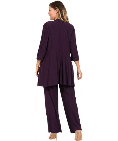 Mother of The Bride Plus Size Pant Suit| 3/4 Length Sleeves, and A Beautiful Blouse with A Lace Neckline Plum $49.39 Suits