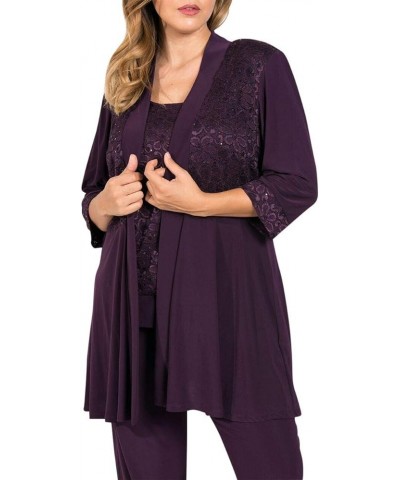 Mother of The Bride Plus Size Pant Suit| 3/4 Length Sleeves, and A Beautiful Blouse with A Lace Neckline Plum $49.39 Suits