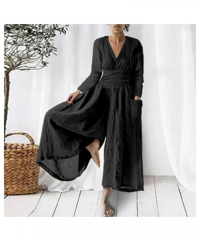 Jumpsuits For Women Sexy Summer Boho Lightweight Cotton Linen Button Up Overalls Long Sleeve Wide Leg Rompers With Pocket Y2-...