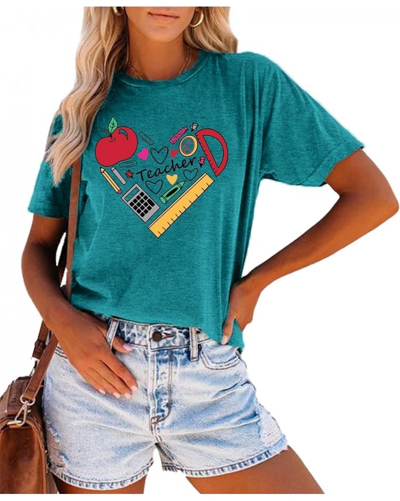 Teacher T Shirt for Women Funny Teaching Heart Graphic Tee Tops Teacher Day Gift Shirts A-cyan $11.75 Tops