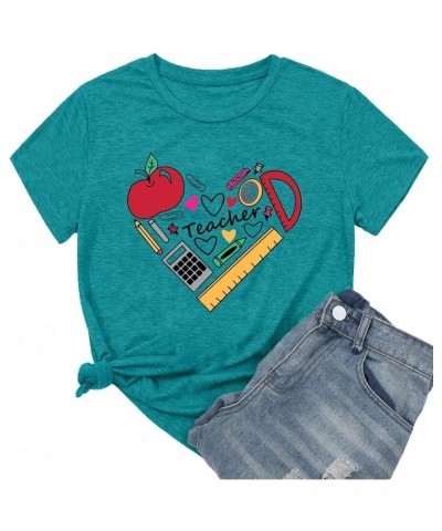 Teacher T Shirt for Women Funny Teaching Heart Graphic Tee Tops Teacher Day Gift Shirts A-cyan $11.75 Tops