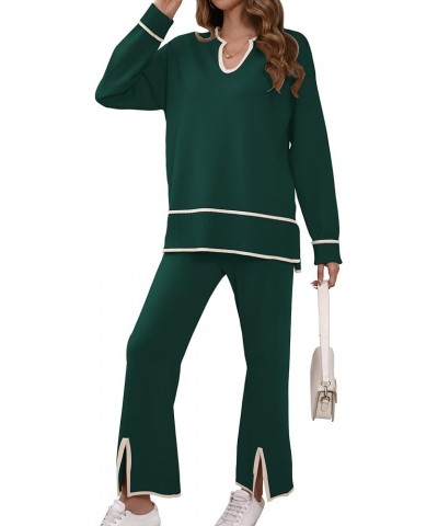 Women Sweater Sets 2 Piece Outfits Notch Neck Long Sleeve Knit Pullover Tops Wide Leg Lounge Set Dark Green $31.79 Sweaters