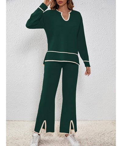 Women Sweater Sets 2 Piece Outfits Notch Neck Long Sleeve Knit Pullover Tops Wide Leg Lounge Set Dark Green $31.79 Sweaters