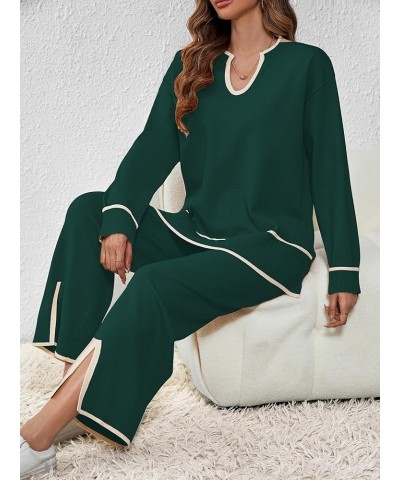 Women Sweater Sets 2 Piece Outfits Notch Neck Long Sleeve Knit Pullover Tops Wide Leg Lounge Set Dark Green $31.79 Sweaters