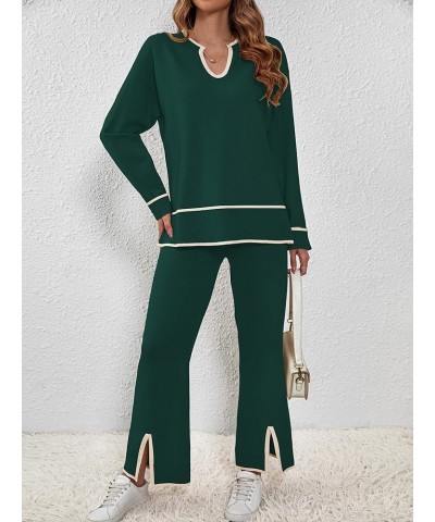 Women Sweater Sets 2 Piece Outfits Notch Neck Long Sleeve Knit Pullover Tops Wide Leg Lounge Set Dark Green $31.79 Sweaters