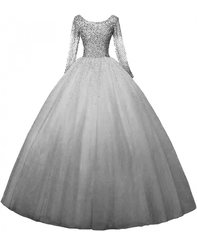 Women's Heavy Beaded Evening Dresses with Sleeves Quinceanera Party Ball Gown 1-silver $46.40 Dresses