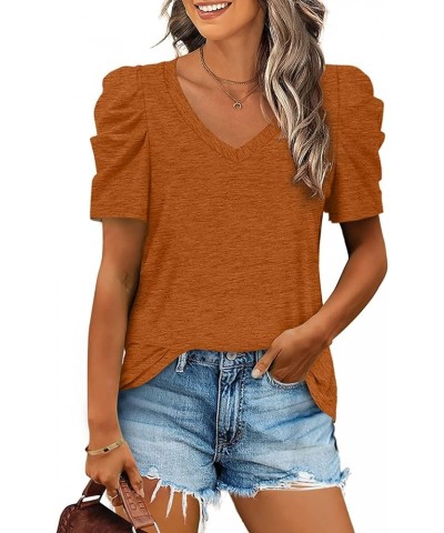 Womens Casual V Neck T Shirt Puff Sleeve Tops Ruched Elegant Summer Shirts 04b-caramel $13.92 T-Shirts