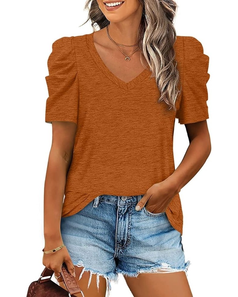 Womens Casual V Neck T Shirt Puff Sleeve Tops Ruched Elegant Summer Shirts 04b-caramel $13.92 T-Shirts