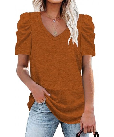 Womens Casual V Neck T Shirt Puff Sleeve Tops Ruched Elegant Summer Shirts 04b-caramel $13.92 T-Shirts