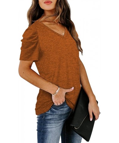 Womens Casual V Neck T Shirt Puff Sleeve Tops Ruched Elegant Summer Shirts 04b-caramel $13.92 T-Shirts