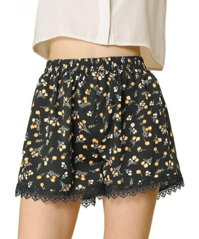 Women's Summer Shorts Floral Printed Lace Trim Elastic Waist Beach Shorts Black-orange $10.39 Shorts