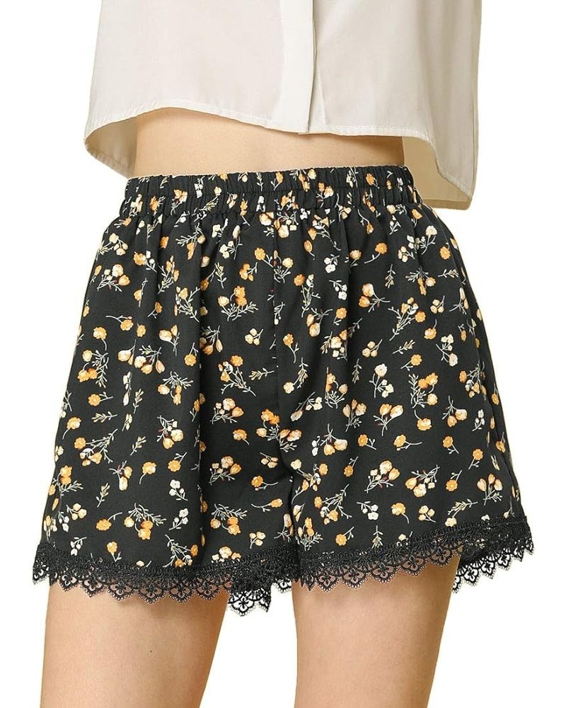 Women's Summer Shorts Floral Printed Lace Trim Elastic Waist Beach Shorts Black-orange $10.39 Shorts