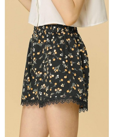 Women's Summer Shorts Floral Printed Lace Trim Elastic Waist Beach Shorts Black-orange $10.39 Shorts