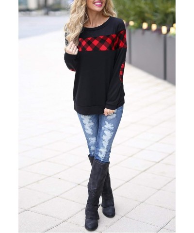 Women's Color Block Plaid Shirt Crewneck Sweatshirt Elbow Patches Pullover Sweatshirt Top Black $17.91 Hoodies & Sweatshirts