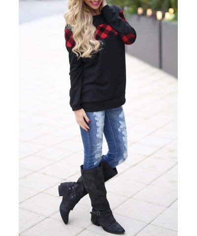 Women's Color Block Plaid Shirt Crewneck Sweatshirt Elbow Patches Pullover Sweatshirt Top Black $17.91 Hoodies & Sweatshirts