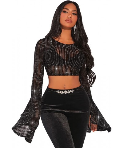 Women's Sheer Mesh Glitter Bell Sleeve Round Neck Crop T Shirt Top Black $16.11 T-Shirts