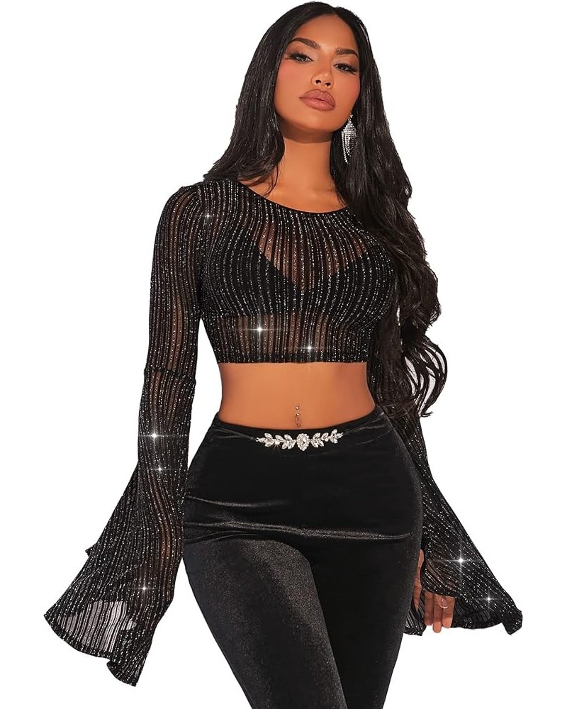 Women's Sheer Mesh Glitter Bell Sleeve Round Neck Crop T Shirt Top Black $16.11 T-Shirts