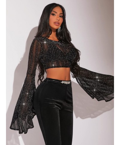 Women's Sheer Mesh Glitter Bell Sleeve Round Neck Crop T Shirt Top Black $16.11 T-Shirts