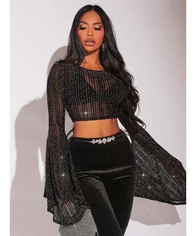 Women's Sheer Mesh Glitter Bell Sleeve Round Neck Crop T Shirt Top Black $16.11 T-Shirts