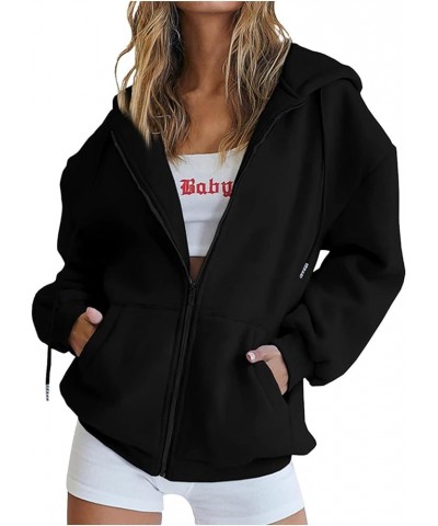 Oversized Zip Up Hoodies for Women Casual Drawstring Teen Girl Y2K Sweatshirts Long Sleeve Fall Jackets With Pockets 01 Black...