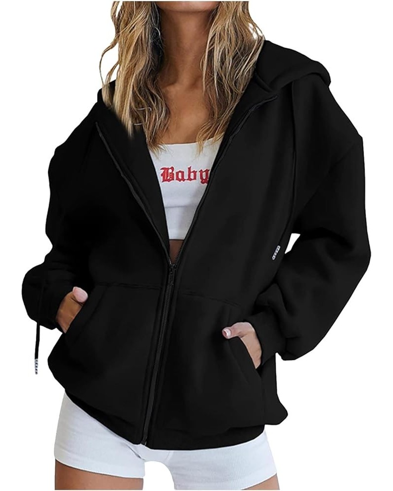 Oversized Zip Up Hoodies for Women Casual Drawstring Teen Girl Y2K Sweatshirts Long Sleeve Fall Jackets With Pockets 01 Black...