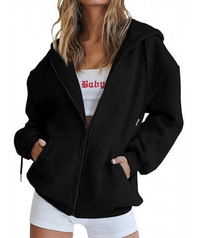 Oversized Zip Up Hoodies for Women Casual Drawstring Teen Girl Y2K Sweatshirts Long Sleeve Fall Jackets With Pockets 01 Black...