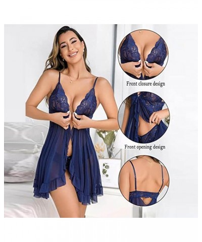 Babydoll Lingerie for Women Honeymoon V Neck Chemise Sexy Exotic Solid Negligee Lace Mesh Nightdress Sleepwear V1-navy $9.44 ...