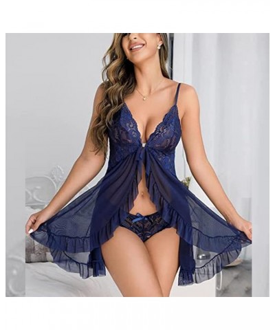 Babydoll Lingerie for Women Honeymoon V Neck Chemise Sexy Exotic Solid Negligee Lace Mesh Nightdress Sleepwear V1-navy $9.44 ...