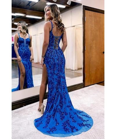 Women's Sequin Long Prom Dresses with Slit Tulle Corset Formal Evening Gowns with Applique Lace AG087 Royal Blue $30.34 Dresses