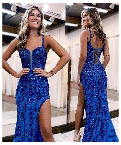 Women's Sequin Long Prom Dresses with Slit Tulle Corset Formal Evening Gowns with Applique Lace AG087 Royal Blue $30.34 Dresses