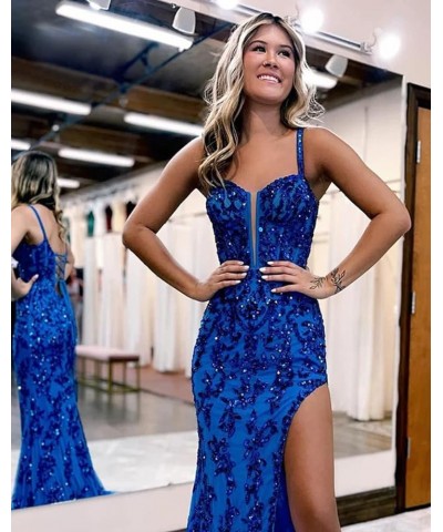 Women's Sequin Long Prom Dresses with Slit Tulle Corset Formal Evening Gowns with Applique Lace AG087 Royal Blue $30.34 Dresses