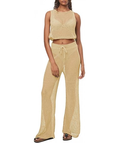 Women's Swimsuit Cover Up Set 2 Pieces Crochet Sleeveless Crop Top Wide Leg Long Pants Beach Coverups Apricot $22.79 Swimsuits