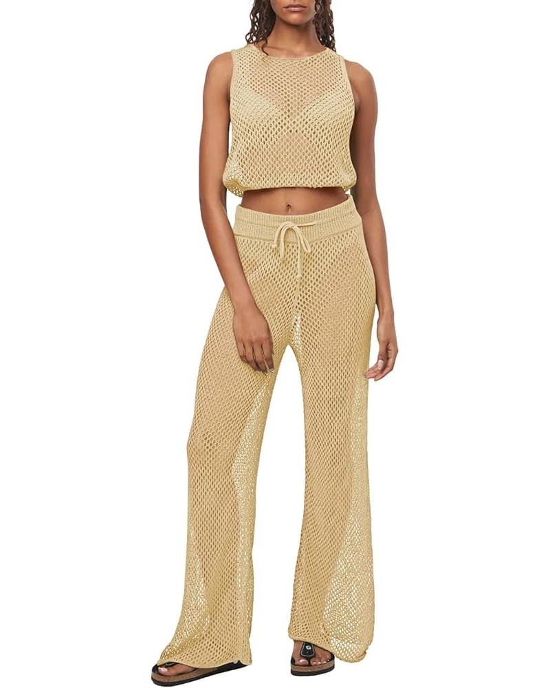 Women's Swimsuit Cover Up Set 2 Pieces Crochet Sleeveless Crop Top Wide Leg Long Pants Beach Coverups Apricot $22.79 Swimsuits