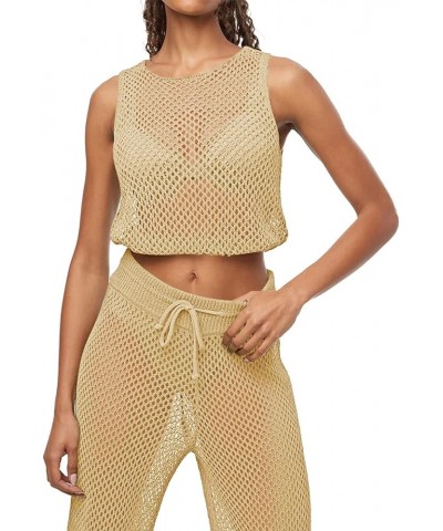 Women's Swimsuit Cover Up Set 2 Pieces Crochet Sleeveless Crop Top Wide Leg Long Pants Beach Coverups Apricot $22.79 Swimsuits