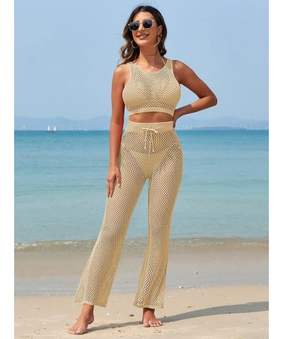 Women's Swimsuit Cover Up Set 2 Pieces Crochet Sleeveless Crop Top Wide Leg Long Pants Beach Coverups Apricot $22.79 Swimsuits