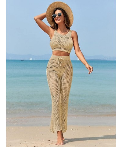 Women's Swimsuit Cover Up Set 2 Pieces Crochet Sleeveless Crop Top Wide Leg Long Pants Beach Coverups Apricot $22.79 Swimsuits