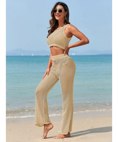 Women's Swimsuit Cover Up Set 2 Pieces Crochet Sleeveless Crop Top Wide Leg Long Pants Beach Coverups Apricot $22.79 Swimsuits