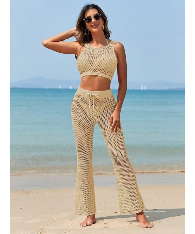 Women's Swimsuit Cover Up Set 2 Pieces Crochet Sleeveless Crop Top Wide Leg Long Pants Beach Coverups Apricot $22.79 Swimsuits