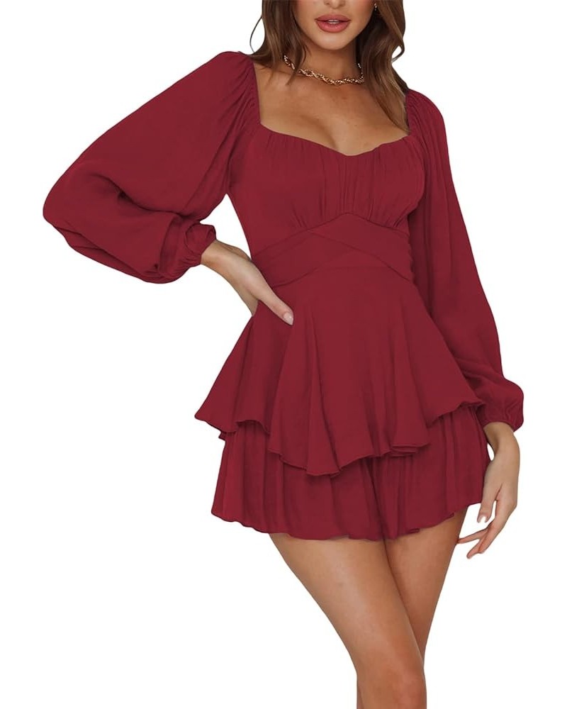 Ruffle Dress Built-in Shorts Women Off Shoulder Short Sleeve Layered Short Dress Fairy Pleated Waist Mini Dress D Wine Red $1...