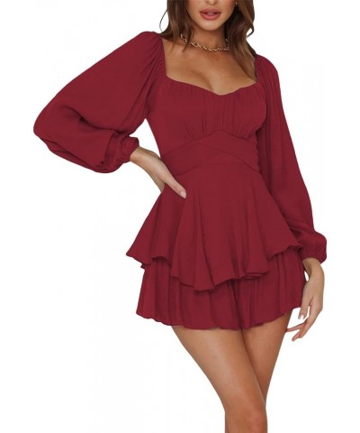 Ruffle Dress Built-in Shorts Women Off Shoulder Short Sleeve Layered Short Dress Fairy Pleated Waist Mini Dress D Wine Red $1...