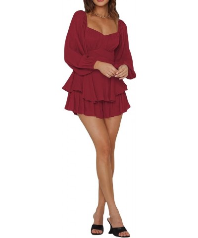 Ruffle Dress Built-in Shorts Women Off Shoulder Short Sleeve Layered Short Dress Fairy Pleated Waist Mini Dress D Wine Red $1...