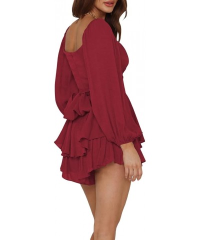 Ruffle Dress Built-in Shorts Women Off Shoulder Short Sleeve Layered Short Dress Fairy Pleated Waist Mini Dress D Wine Red $1...