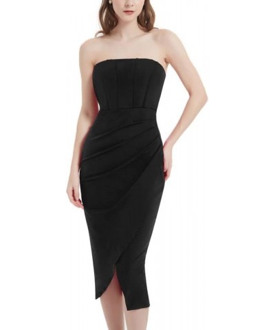 Womens Strapless Ruched Bodycon Dresses Tube Corset Midi Elegant Dress Cocktail Formal Party Wedding Guest Black $16.80 Dresses