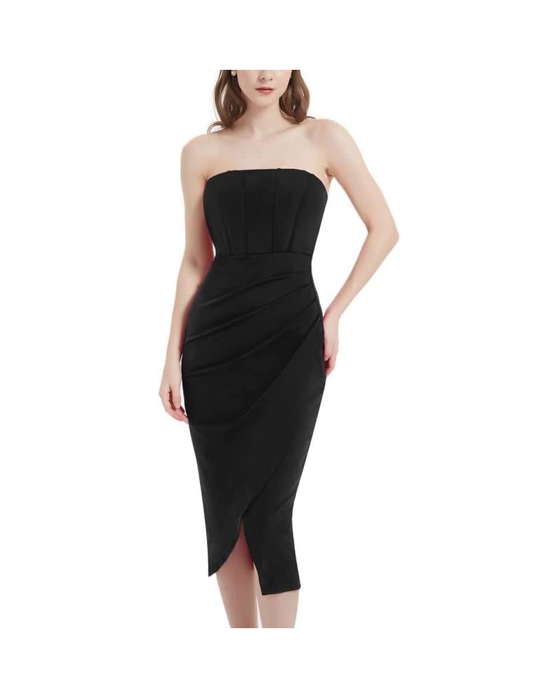 Womens Strapless Ruched Bodycon Dresses Tube Corset Midi Elegant Dress Cocktail Formal Party Wedding Guest Black $16.80 Dresses