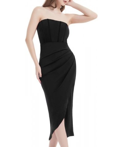 Womens Strapless Ruched Bodycon Dresses Tube Corset Midi Elegant Dress Cocktail Formal Party Wedding Guest Black $16.80 Dresses