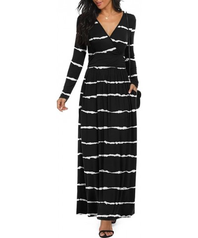 Women Long Sleeve Deep V Neck Loose Plain Long Maxi Casual Dress F Stripe Black $10.25 Dresses