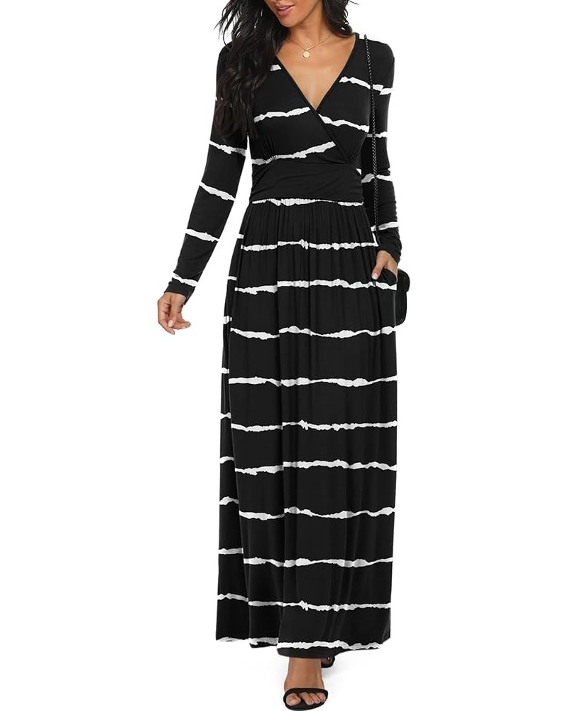 Women Long Sleeve Deep V Neck Loose Plain Long Maxi Casual Dress F Stripe Black $10.25 Dresses