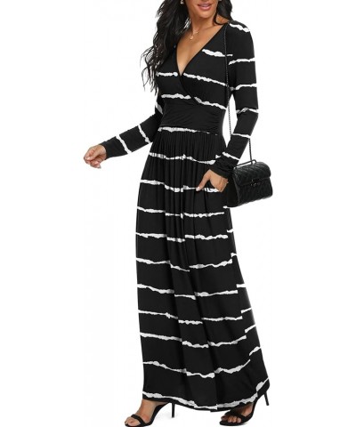 Women Long Sleeve Deep V Neck Loose Plain Long Maxi Casual Dress F Stripe Black $10.25 Dresses